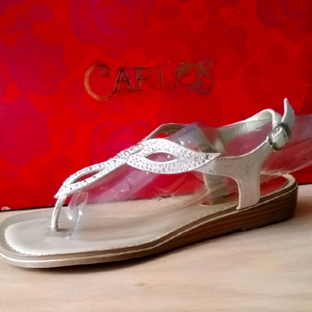 Carlos Santana Cream Sandals with Elegant Loop Detail Delicate Rhinestone design